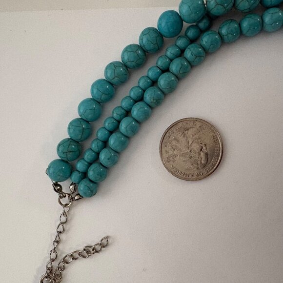 Faux Turquoise Beaded Multi-Strand Necklace Boho Chic Statement Chunky - Picture 3 of 8